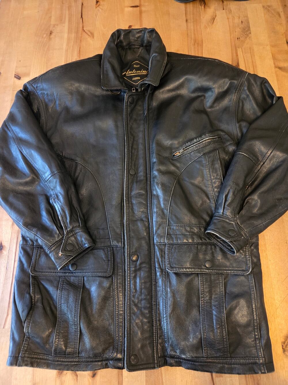 Vintage Antonini Italy Black Leather Field Utility Jacket Size Small EUC